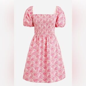 J Crew Puff-sleeve smocked mini dress in dandelion swirl pink Medium pockets